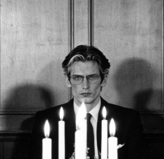 Enlarged detail of the man at the head of the table, behind the candles.