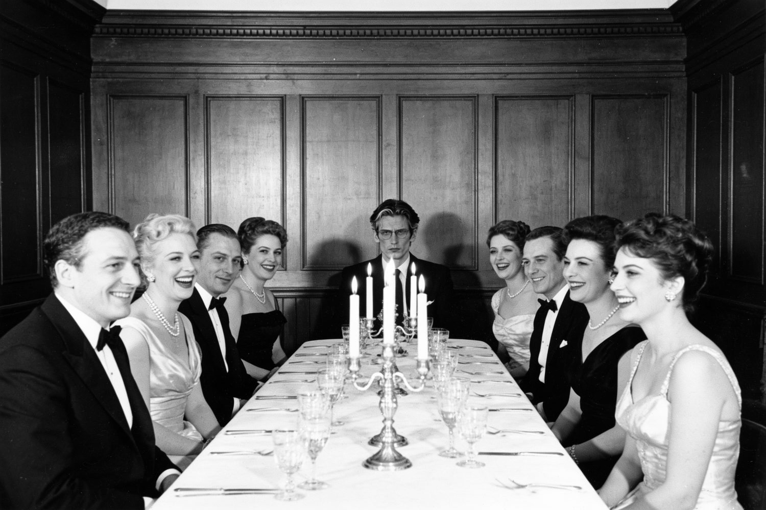 Black-and-white photograph of a 1958 dinner party. Guests in evening wear laugh around a long candlelit table. At the head of the table, a man identical to Sebastian looks straight into the camera.