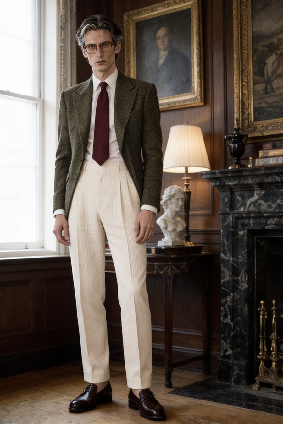 Sebastian standing in a wood-panelled study, hands in his pockets