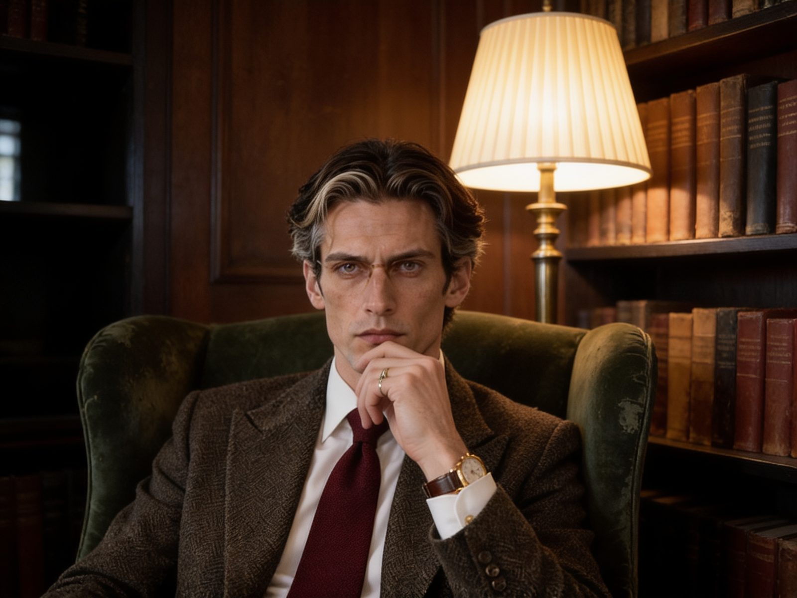 Sebastian Van Alder in a tweed jacket, seated in a green velvet armchair in a dark library