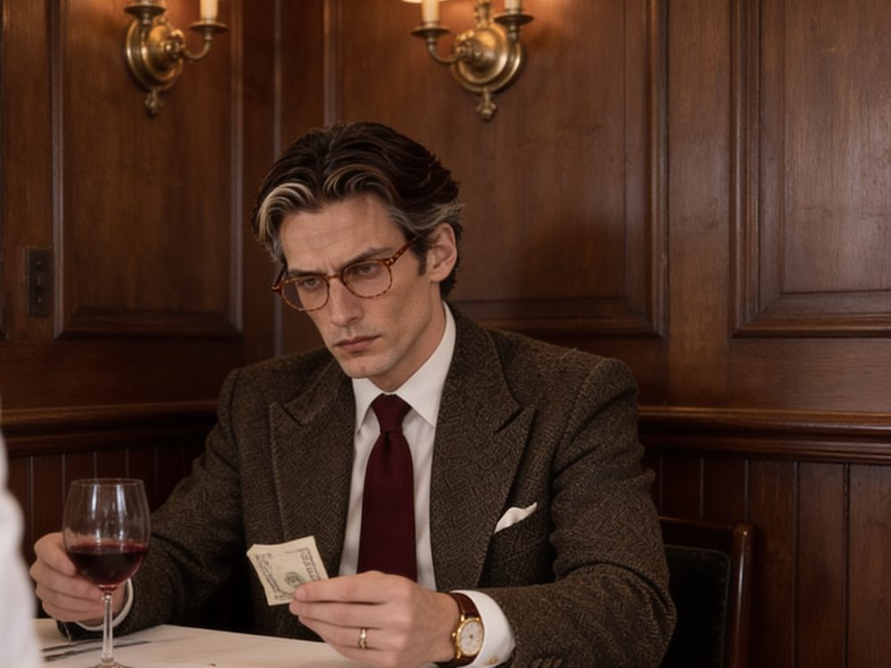 Sebastian alone at a restaurant table, looking at the bill