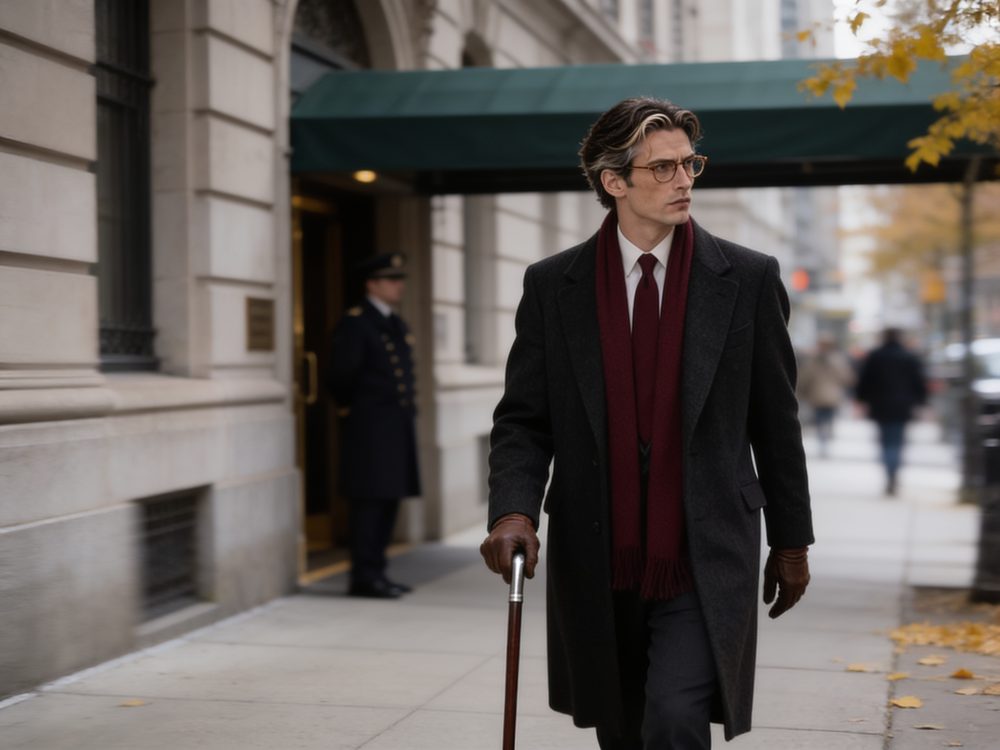 Sebastian in a dark overcoat and burgundy scarf, walking with his cane on Madison Avenue