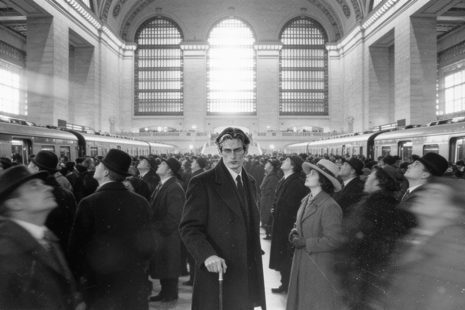 A crowd on the opening day of Grand Central Terminal in 1913. In the middle of it, a man identical to Sebastian looks straight into the camera.