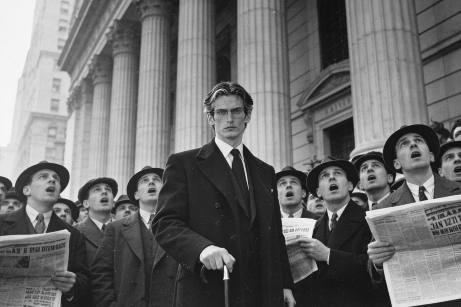 Panicked men crowd Wall Street during the 1929 crash. At the front, a man identical to Sebastian stands calm with his cane, looking into the camera.