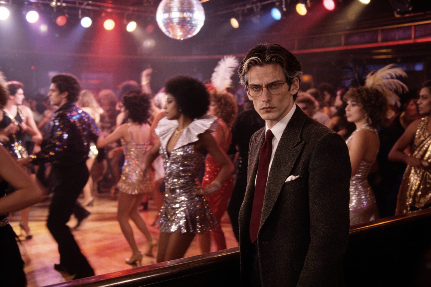 A crowded 1977 disco dance floor. At its edge, a man identical to Sebastian in a tweed jacket stands still and unamused, looking into the camera.